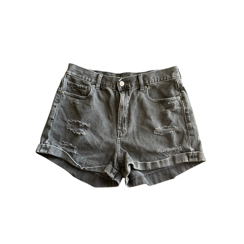 American Eagle AE Cuffed Washed Black Distressed Mom Jean Shorts Sz 8